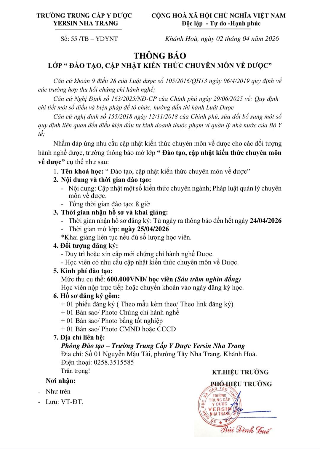 THÔNG BÁO LỚP “ ĐÀO TẠO, CẬP NHẬT KIẾN THỨC CHUYÊN MÔN VỀ DƯỢC” – KHÓA 55